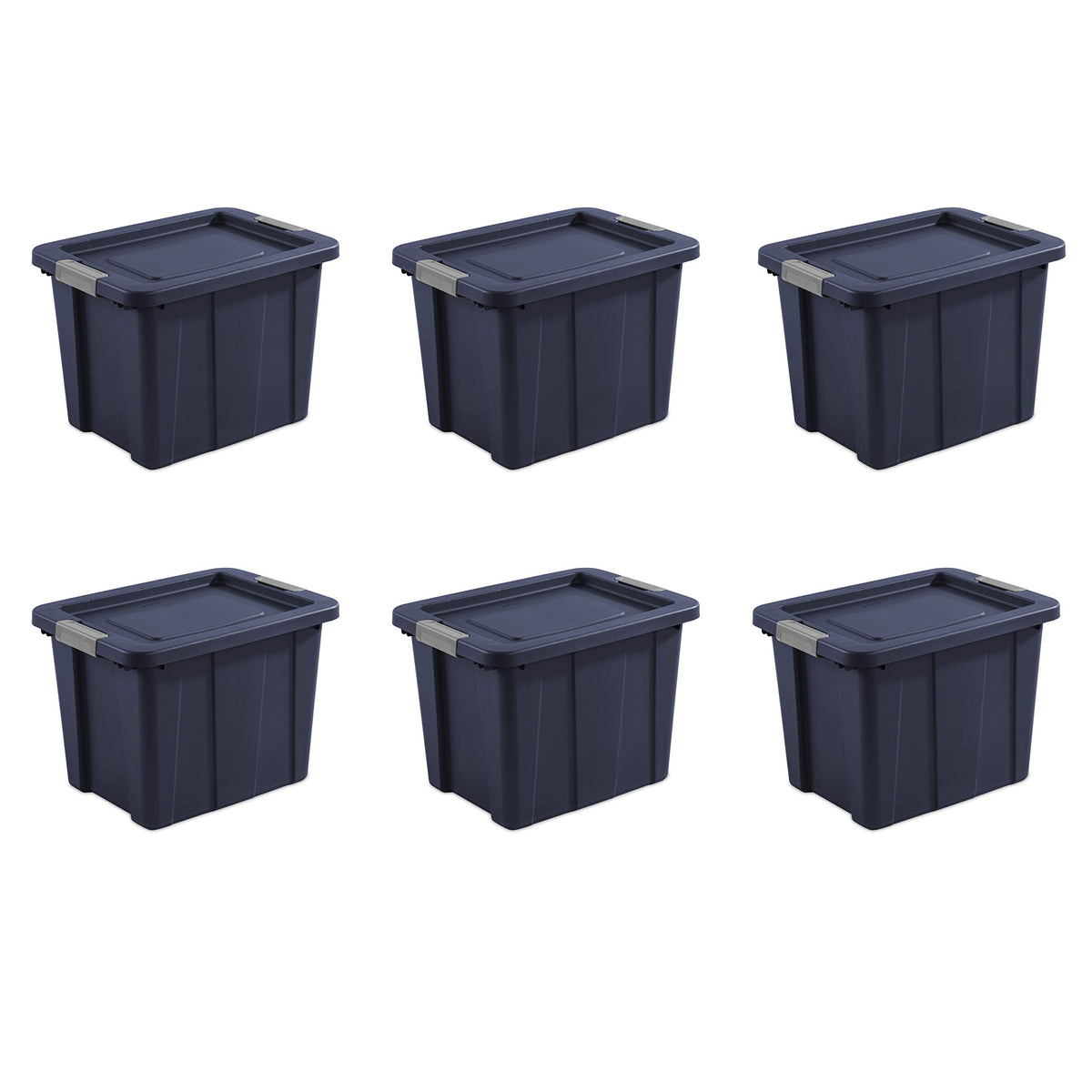 Sterilite Tuff1 front view showing durable dark blue exterior and secure lid benefit organization