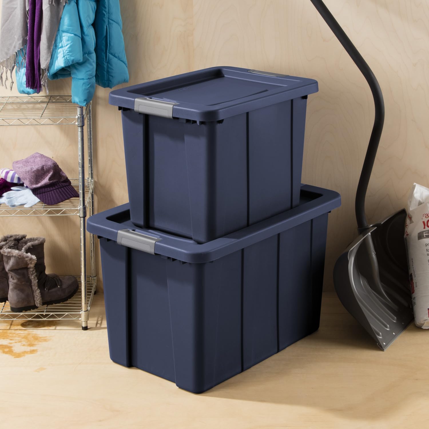 Sterilite Tuff1 six-pack arranged in garage demonstrating rugged storage solution