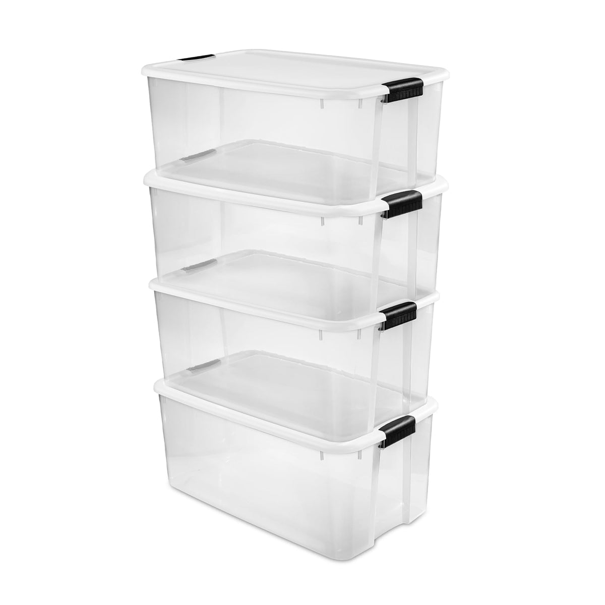Sterilite front view of large 116-quart bin showing clear base and lid for easy identification