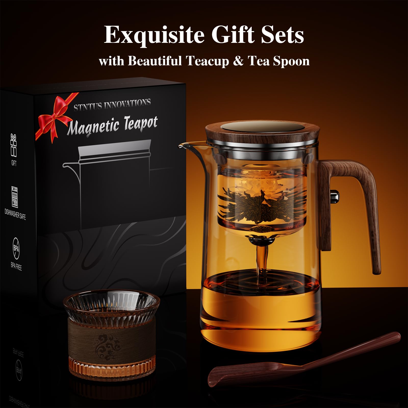 STNTUS INNOVATIONS carved glass teacup with rosewood spoon showing set completeness benefit