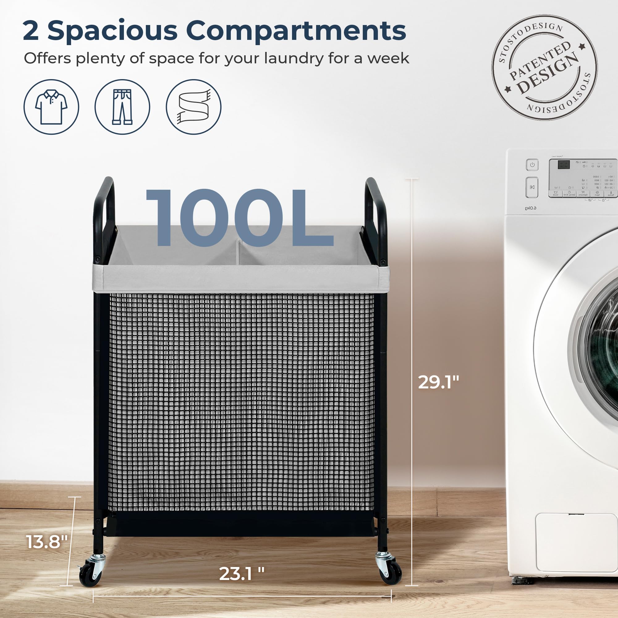 STO STO hamper next to doorway to show compact footprint and capacity