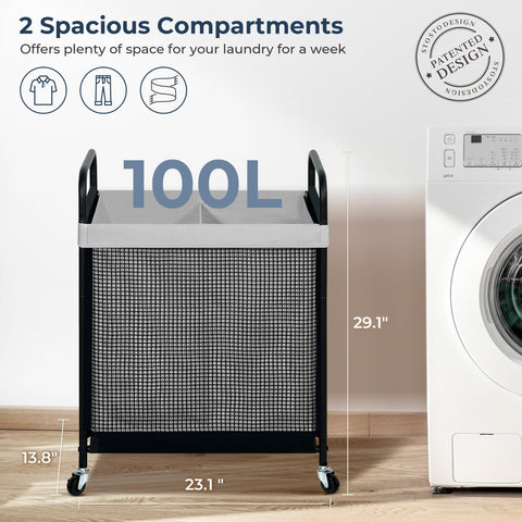 STO STO hamper next to doorway to show compact footprint and capacity