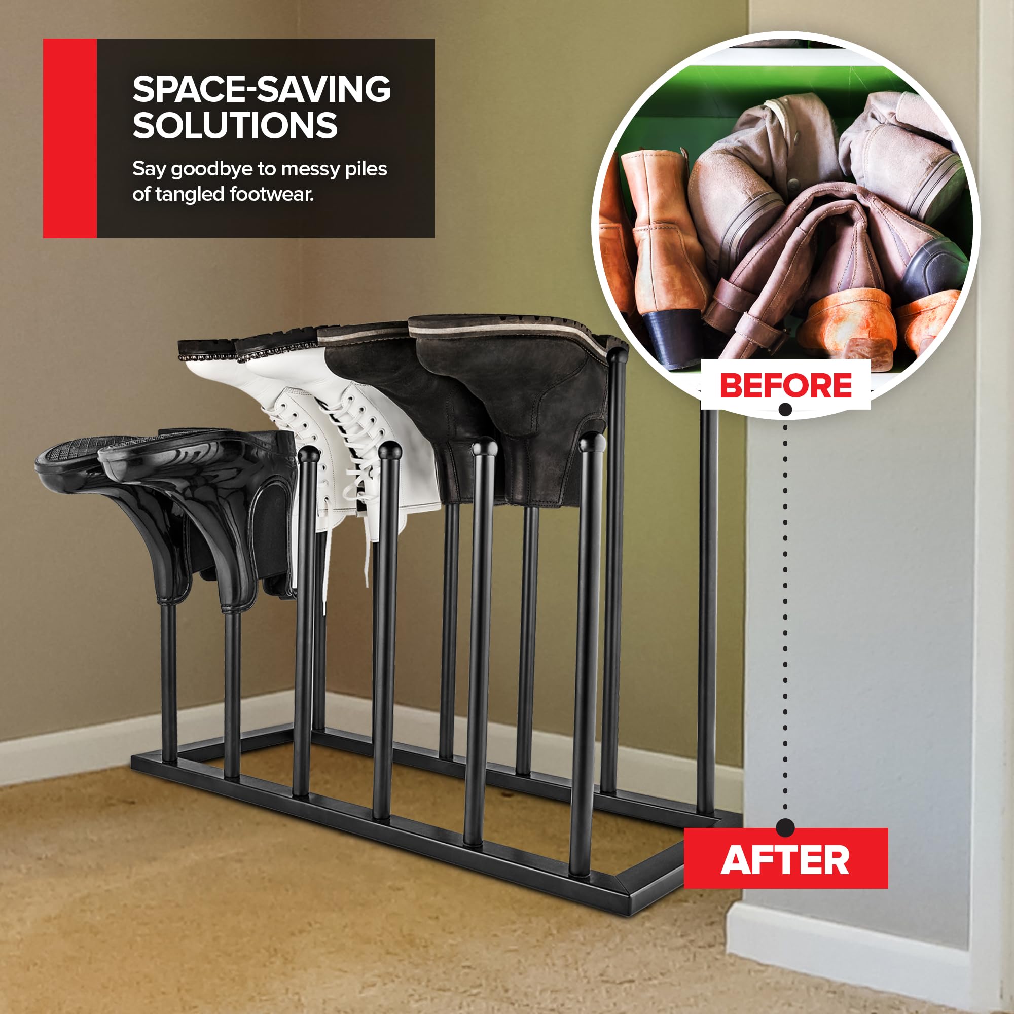 Stock Your Home boot rack next to shoes to show size and capacity benefit