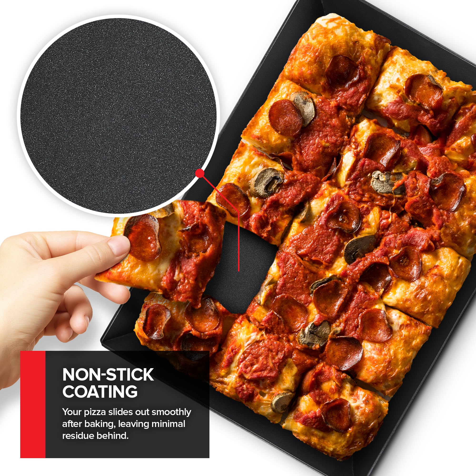 Stock Your Home pan with finished Detroit-style pizza showing caramelized cheese edges