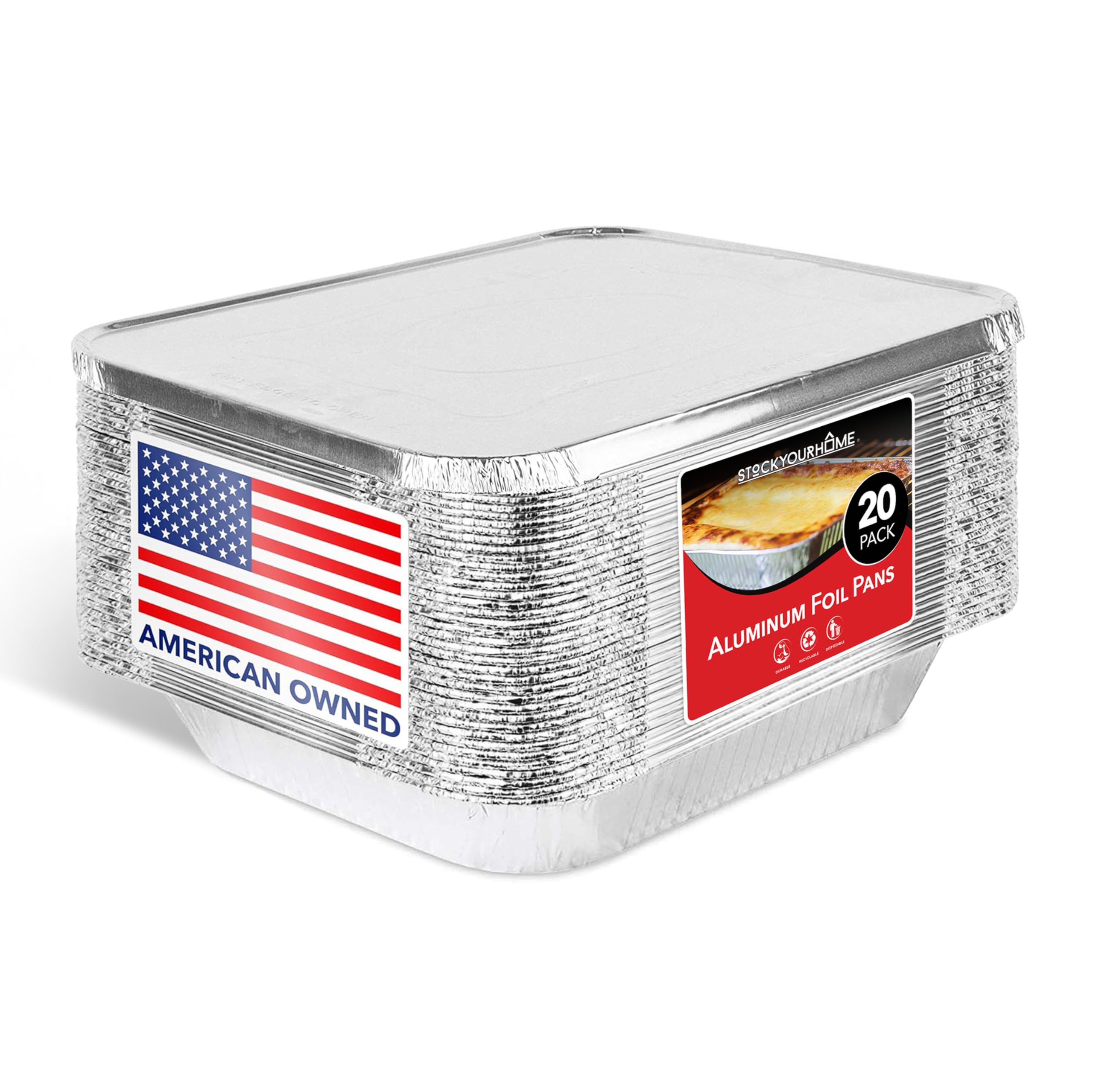 Stock Your Home front pack of 20 foil pans and lids showing value pack convenience