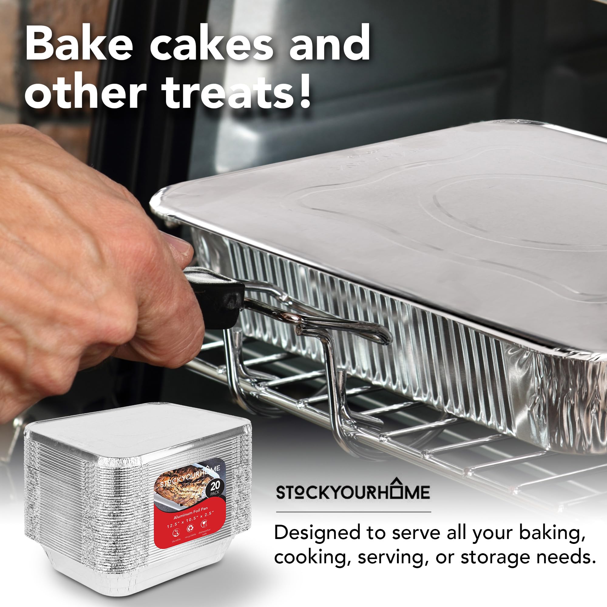 Stock Your Home pan next to hand for size comparison showing useful 9x13 capacity