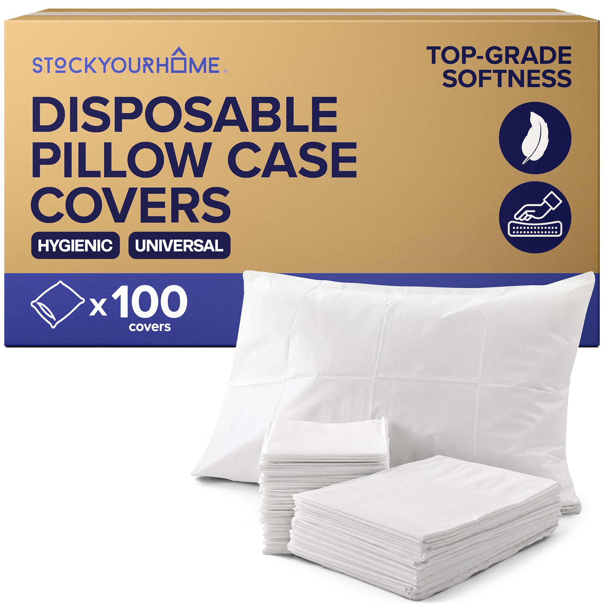 Stock Your Home front pack showing 100 disposable pillow cases and convenience
