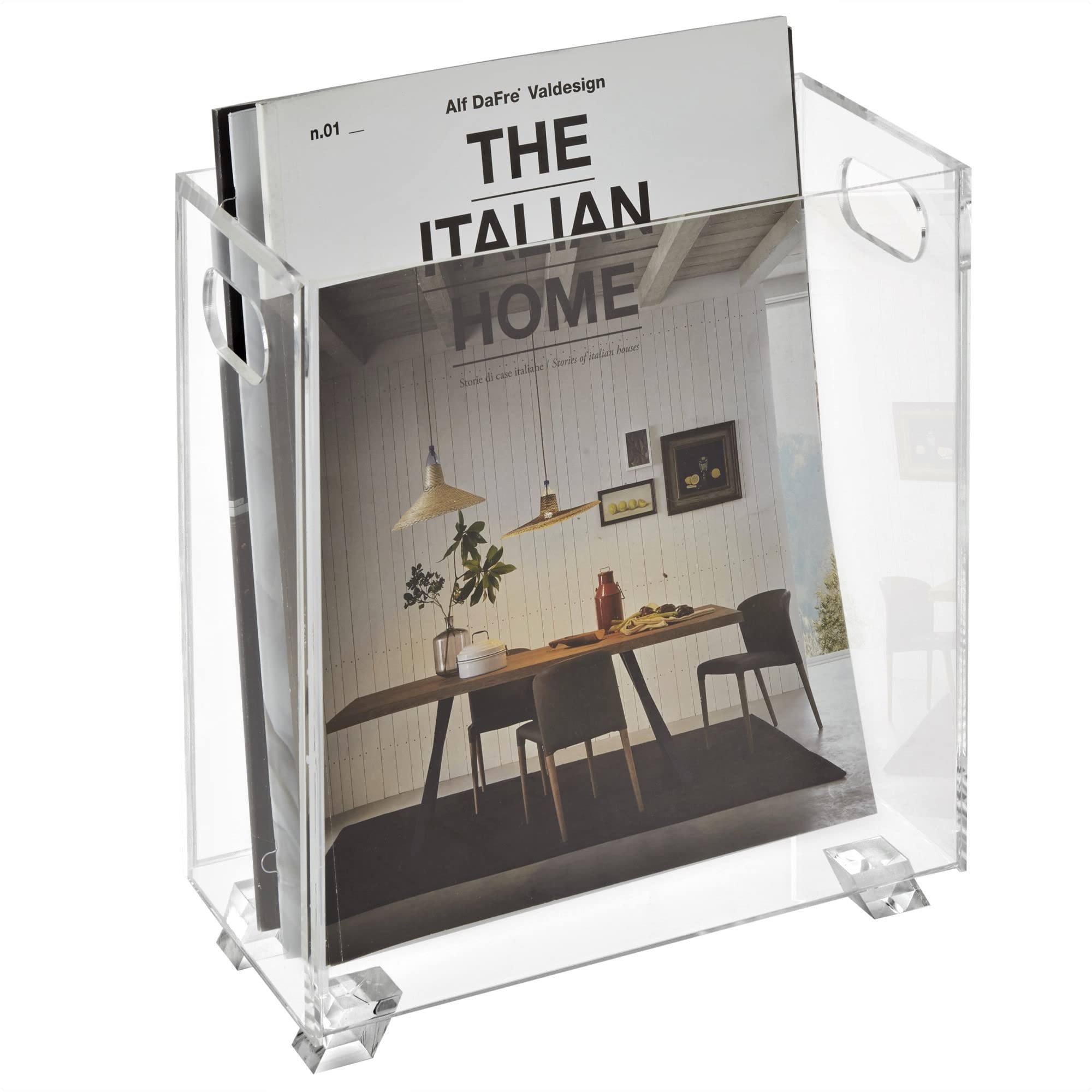 Stock Your Home front view crystal clear holder showing organized magazines and visibility benefit