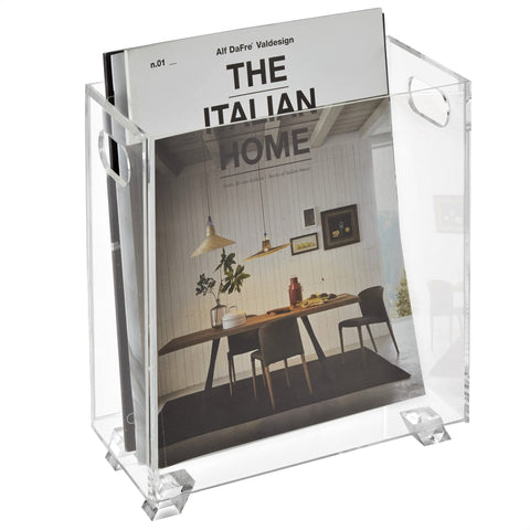 Stock Your Home front view crystal clear holder showing organized magazines and visibility benefit