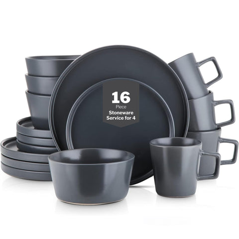 Stone Lain full set front view showing four place settings and cohesive gray matte look