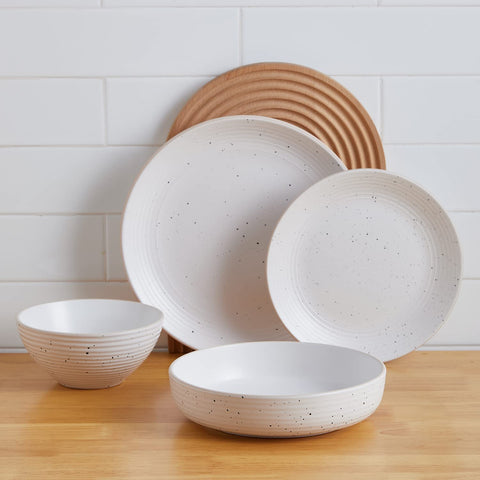 Stone Lain Lauren stacked salad plates highlighting ridged rims and space-saving storage convenience