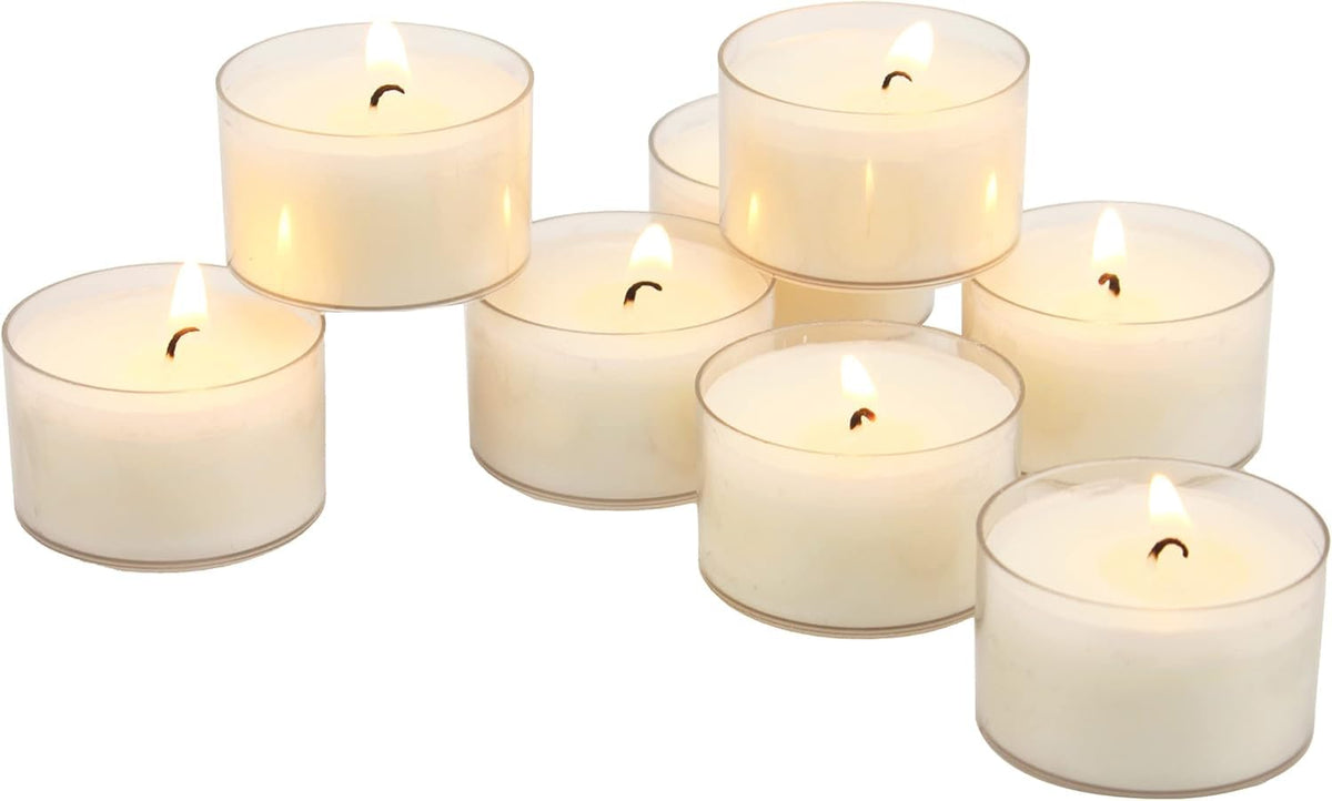 Stonebriar front pack showing 96 clear cup tea lights and neat shrink-wrap for convenience