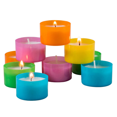 Stonebriar front packaging showing 96-pack and colorful tealights, clear presentation benefit