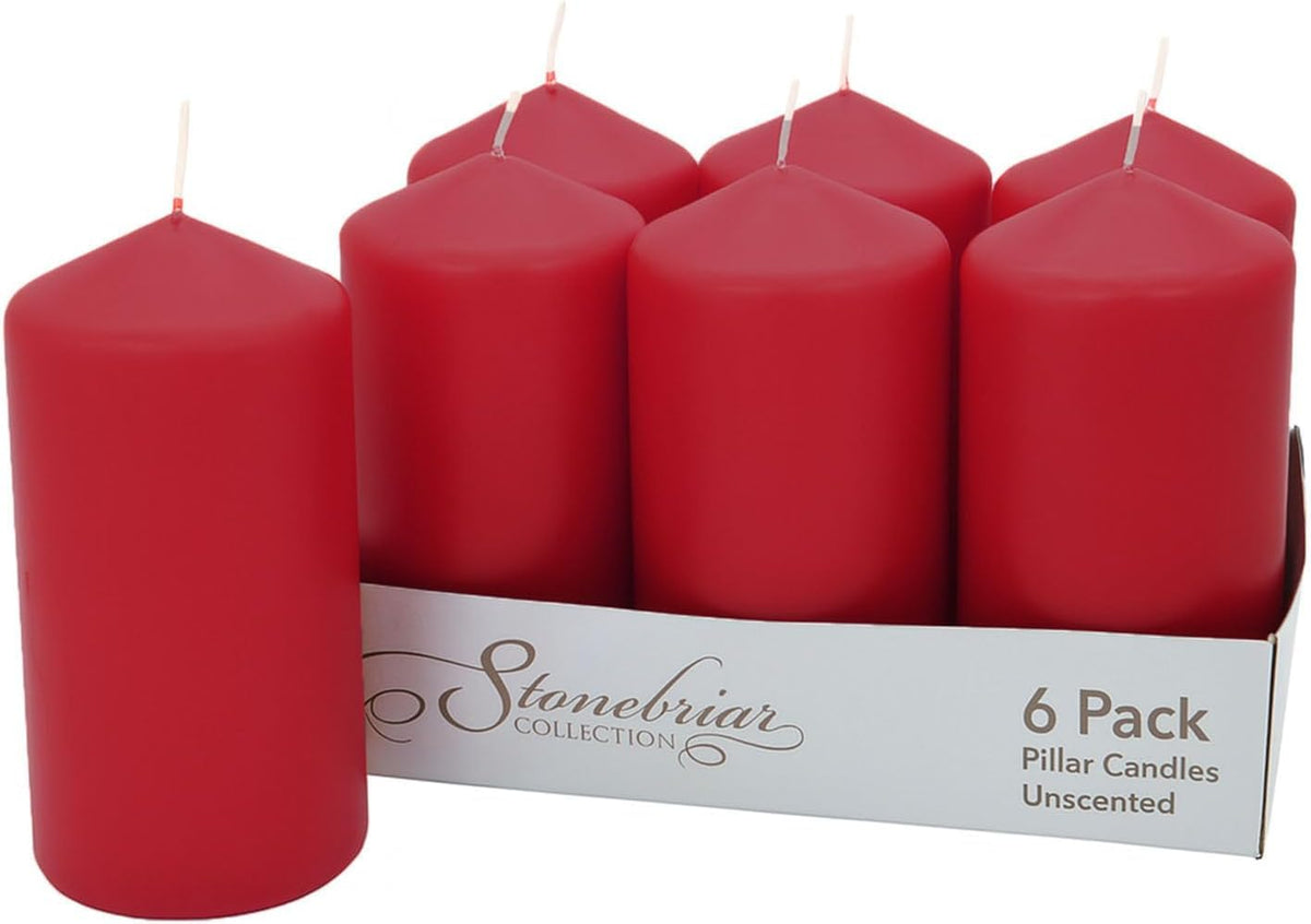 Stonebriar front view of six red pillar candles showing neat packaging and bold color benefit