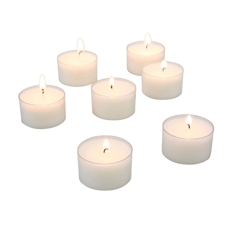 Stonebriar tea lights lit in a votive holder creating steady ambiance for dining