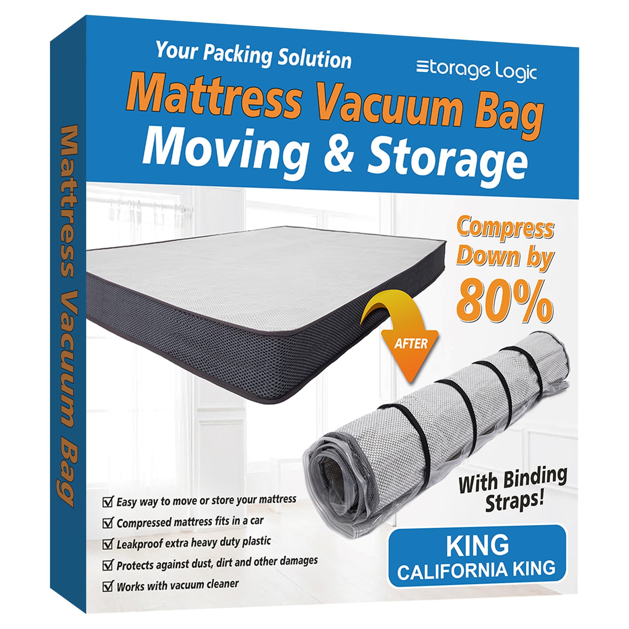 Storage Logic front view of packed king mattress showing compactness and protection