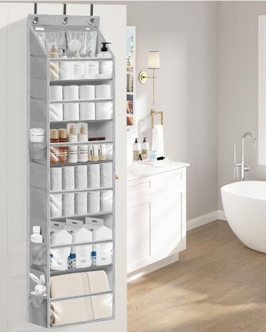 STORAGE MANIAC hanging on bathroom door saving floor space and organizing toiletries