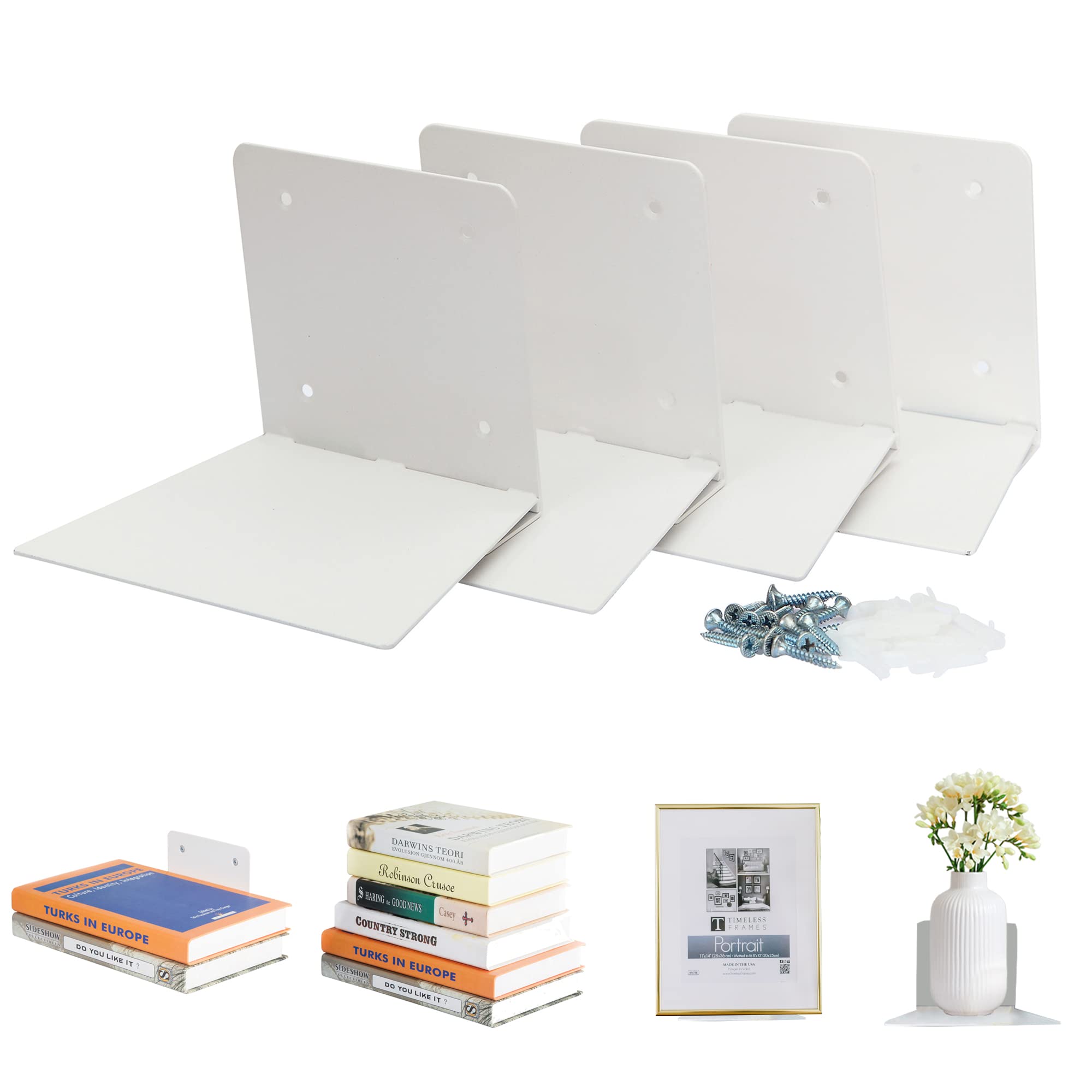 STORAGE MANIAC front view of white floating bookshelf showing clean silhouette and easy install benefit