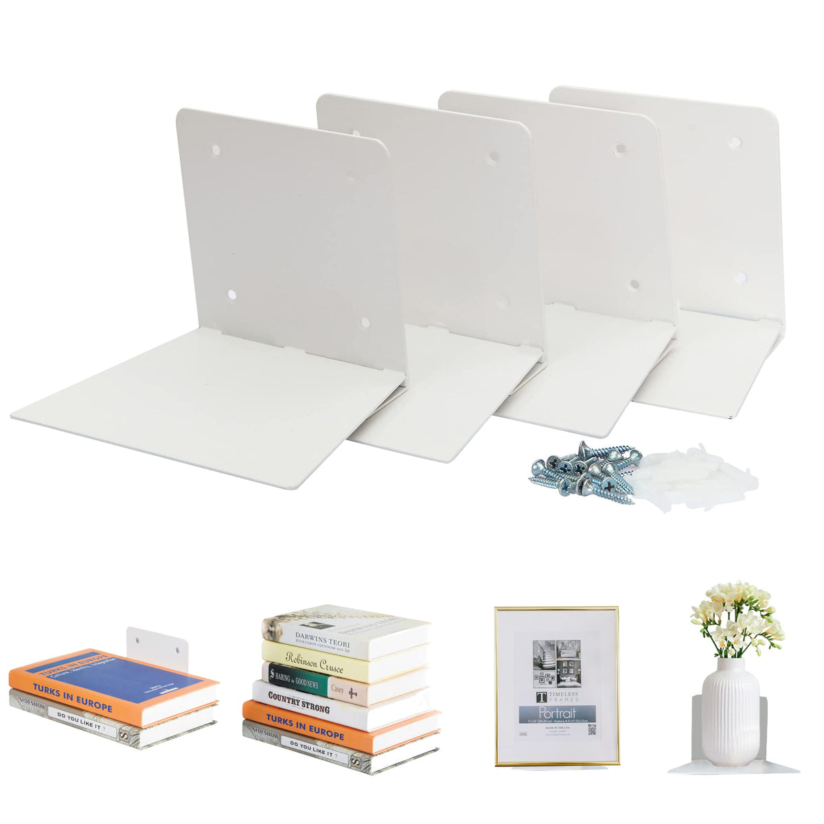 STORAGE MANIAC front view of white floating bookshelf showing clean silhouette and easy install benefit