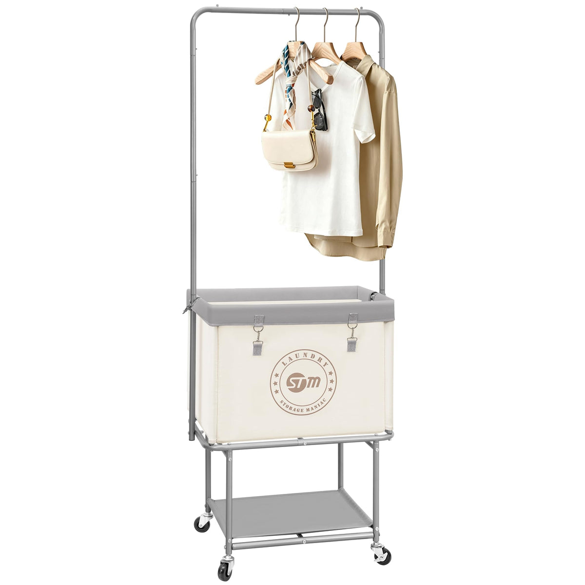 STORAGE MANIAC front view of beige cart showing full 110L capacity and organization