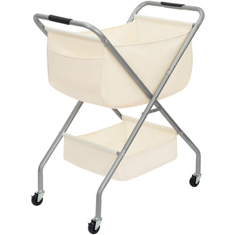 STORAGE MANIAC front view of rolling laundry cart showing capacity and beige finish