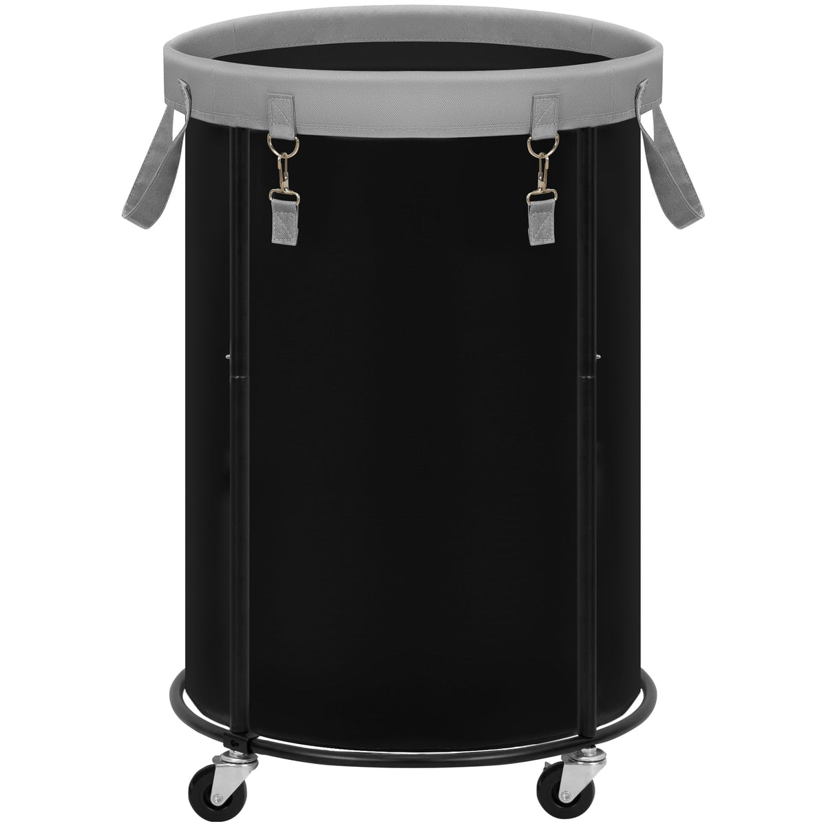 STORAGE MANIAC front view showing black round hamper with high capacity benefit