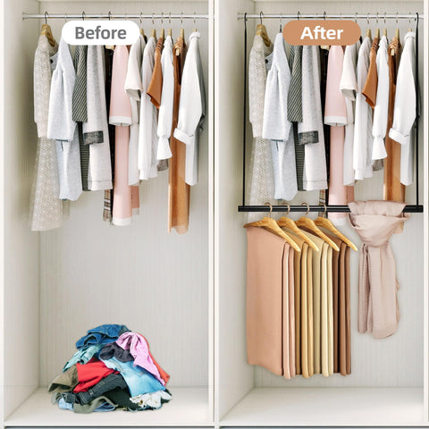 STORAGE MANIAC installed in a bedroom closet creating an extra hanging tier for greater capacity