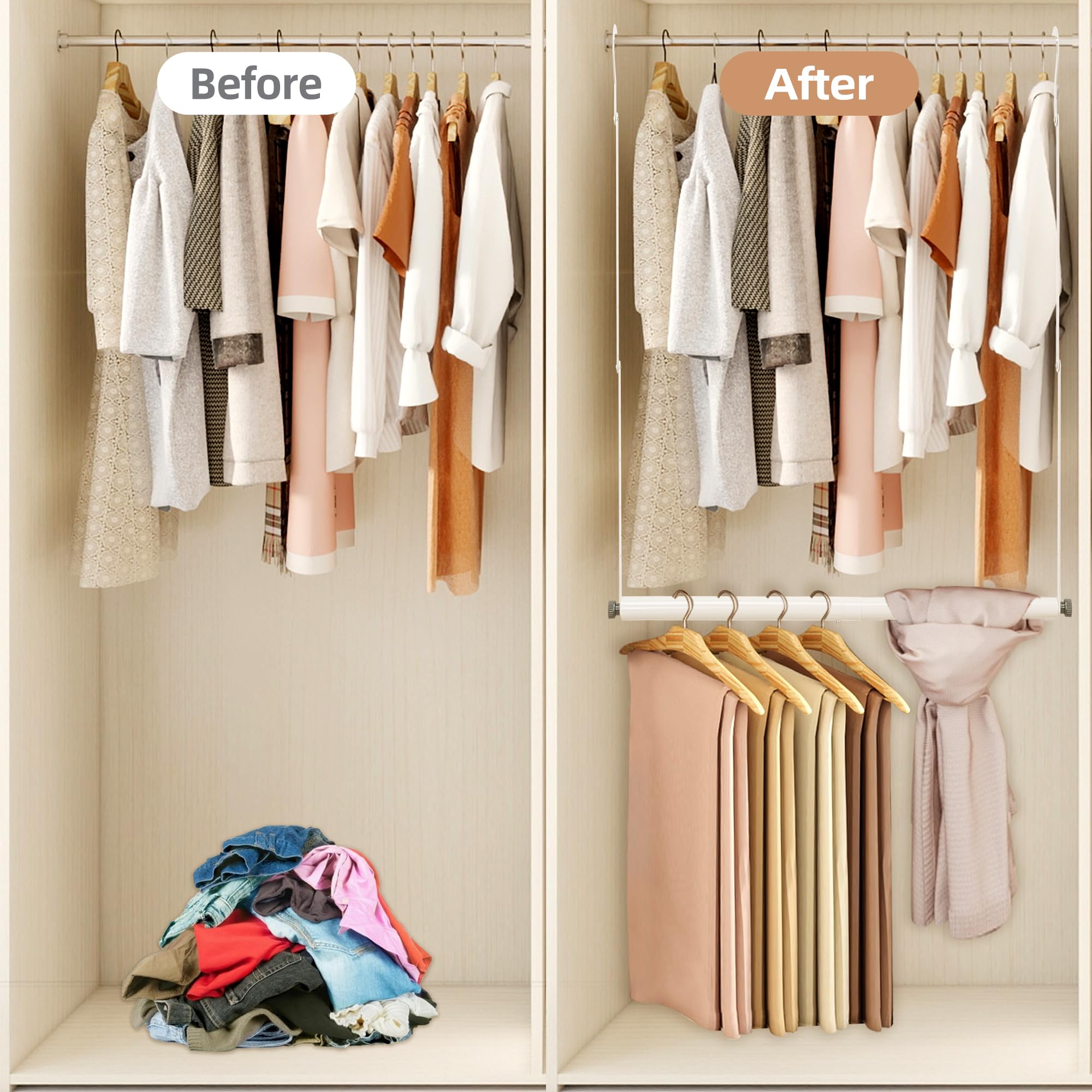 STORAGE MANIAC installed creating two-tier hanging for more clothes