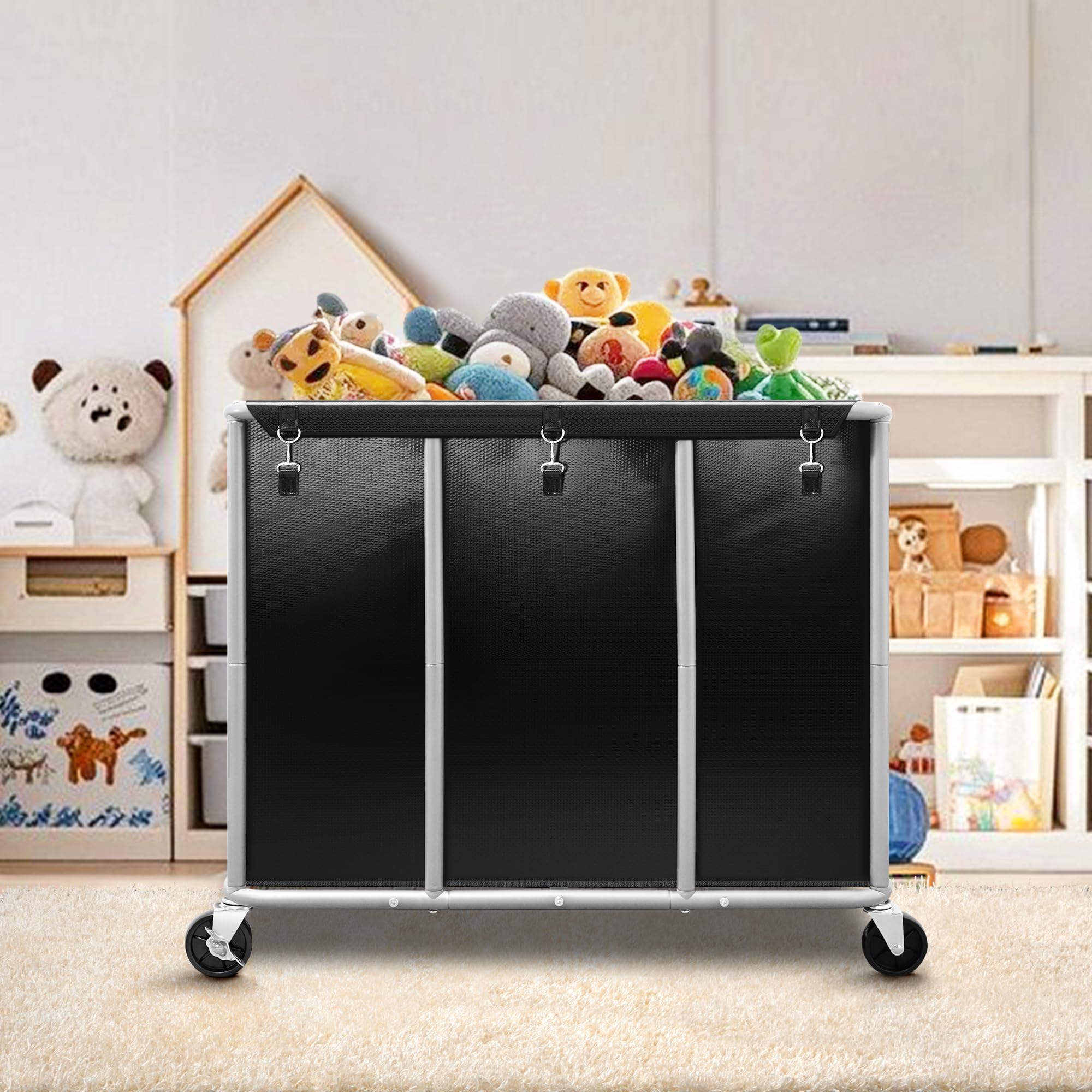 STORAGE MANIAC cart next to person for scale showing large capacity and ergonomic handling