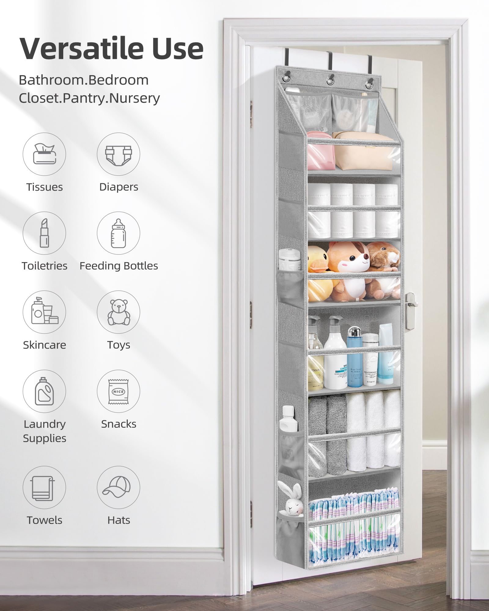 STORAGE MANIAC heavy-duty metal hooks securing organizer to a standard door