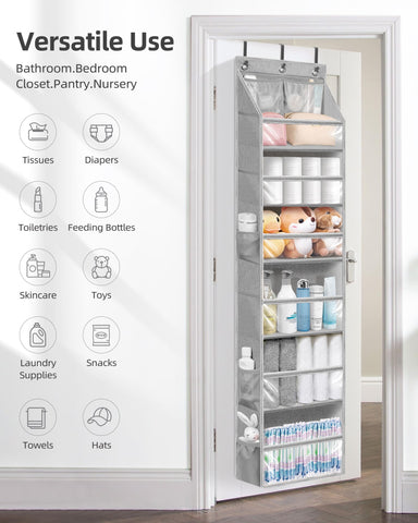 STORAGE MANIAC heavy-duty metal hooks securing organizer to a standard door