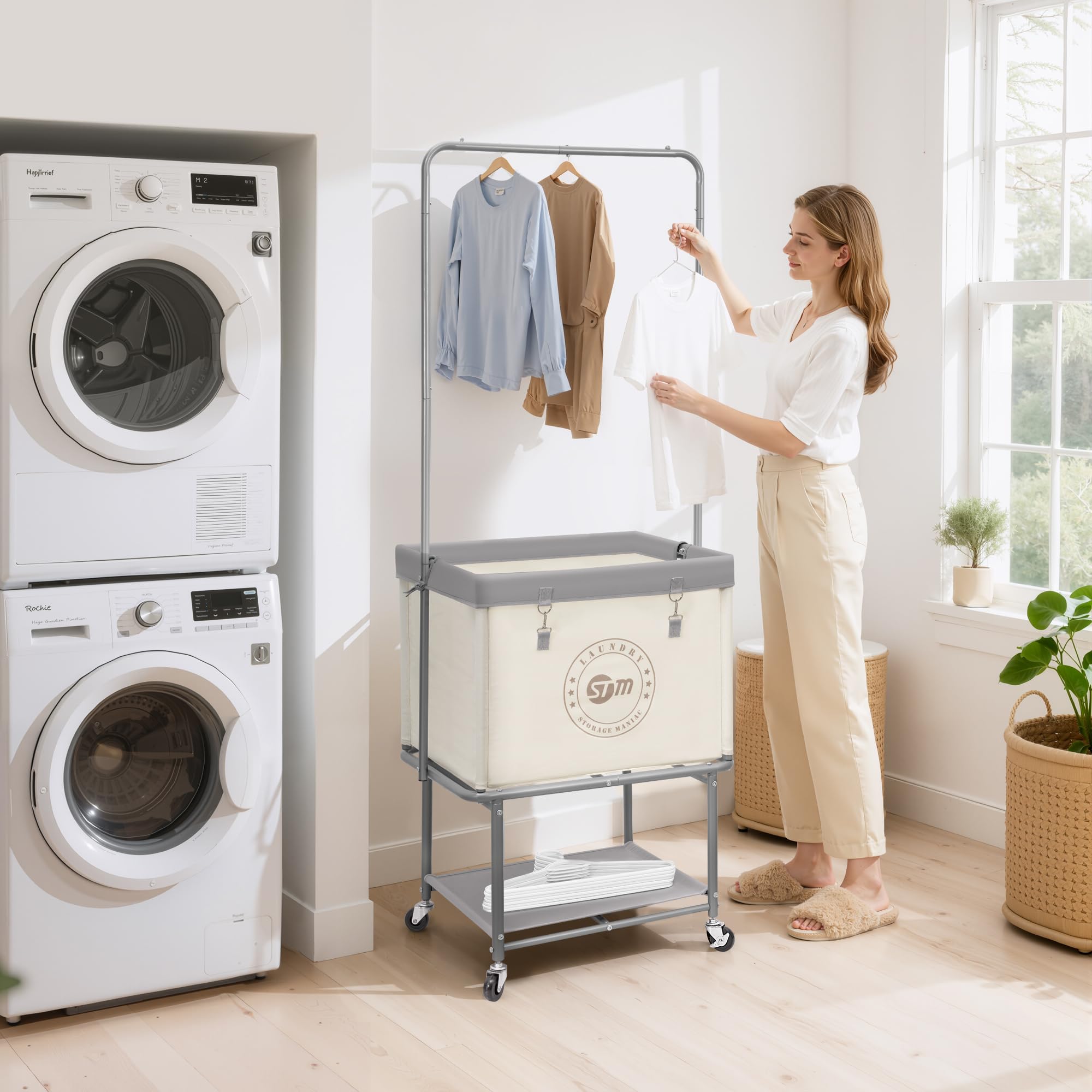 STORAGE MANIAC raised hamper at waist height reducing bending when sorting