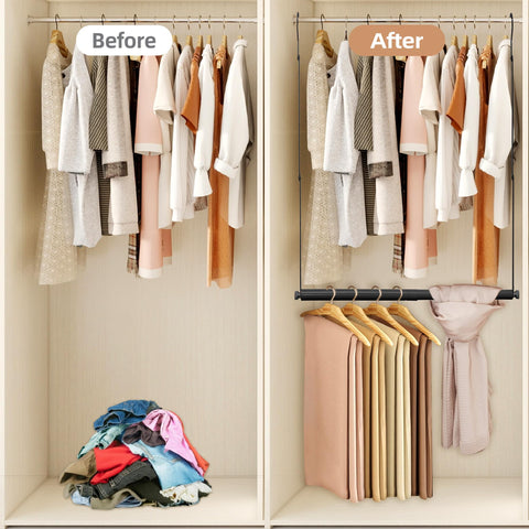 STORAGE MANIAC installed creating two hanging levels, doubles closet storage benefit