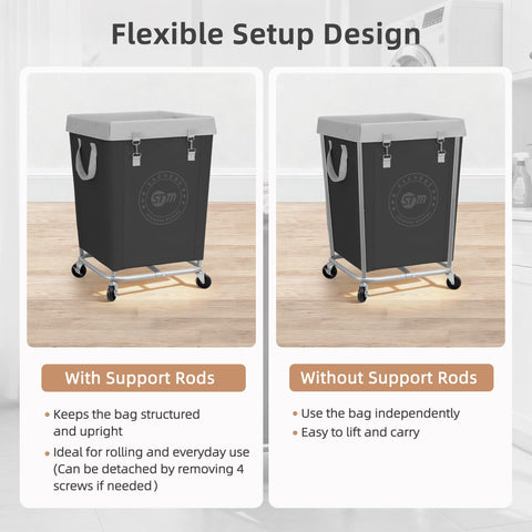 STORAGE MANIAC cart next to stacked towels demonstrating 160L capacity benefit