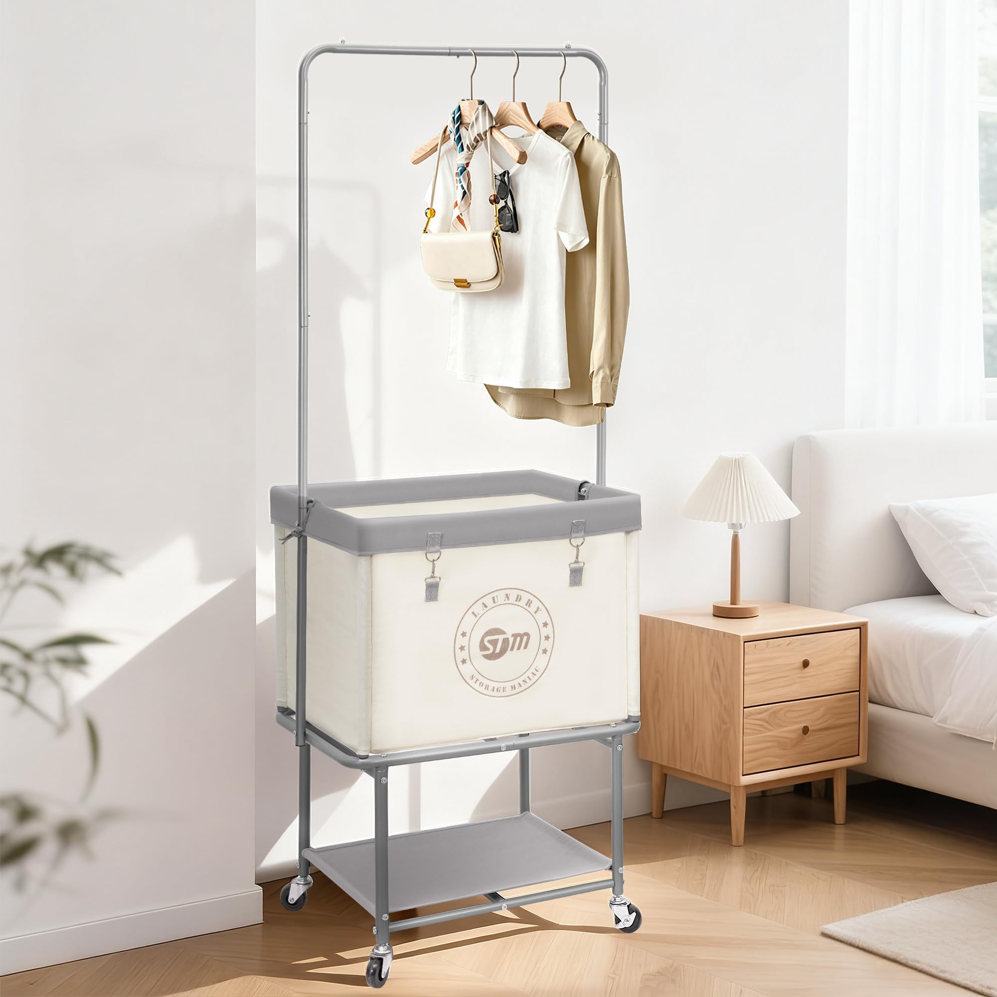 STORAGE MANIAC next to washer showing compact footprint and vertical height