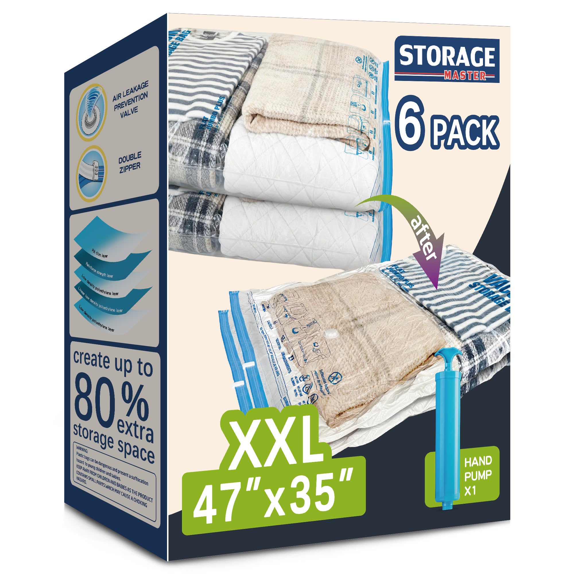 Storage Master front packaging showing XXL bag and included pump, saves closet space