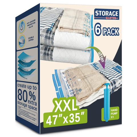 Storage Master front packaging showing XXL bag and included pump, saves closet space