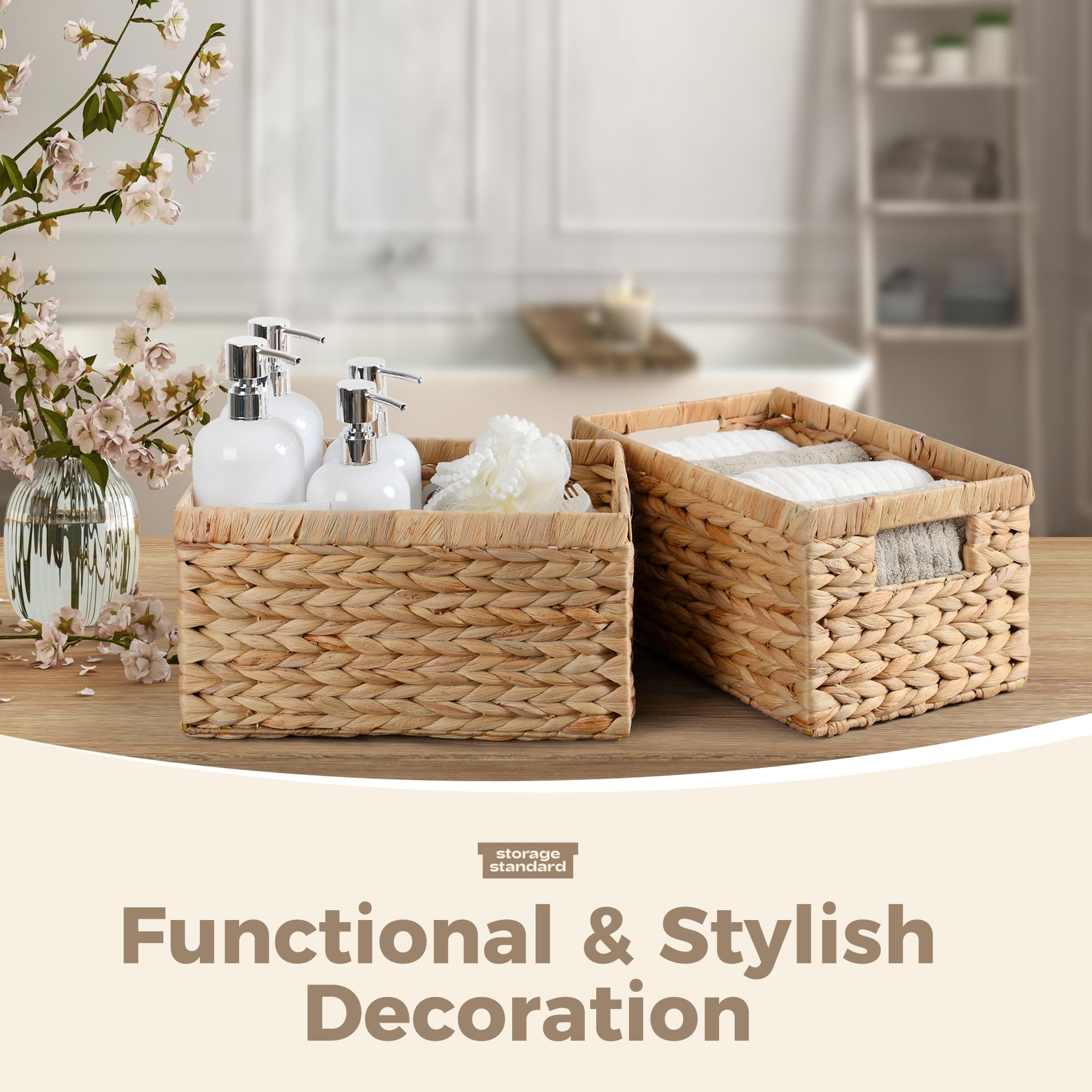 Storage Standard baskets used in bathroom holding towels, adding warm decor and order