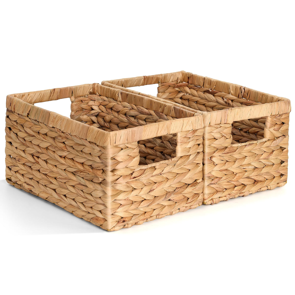 Storage Standard front view of the two wicker baskets showing natural finish and tidy storage benefit