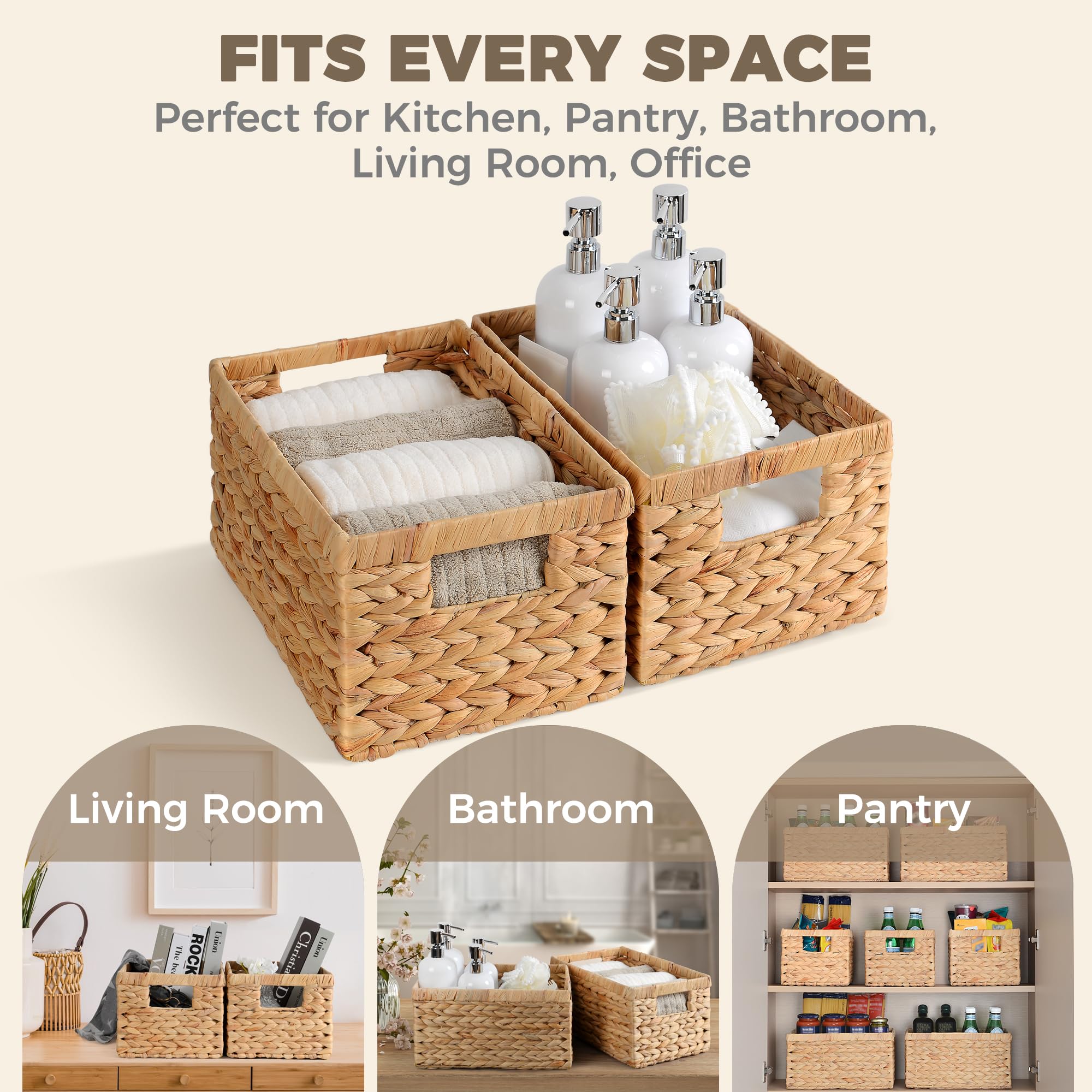 Storage Standard filled baskets with toiletries and towels illustrating neat, visible storage