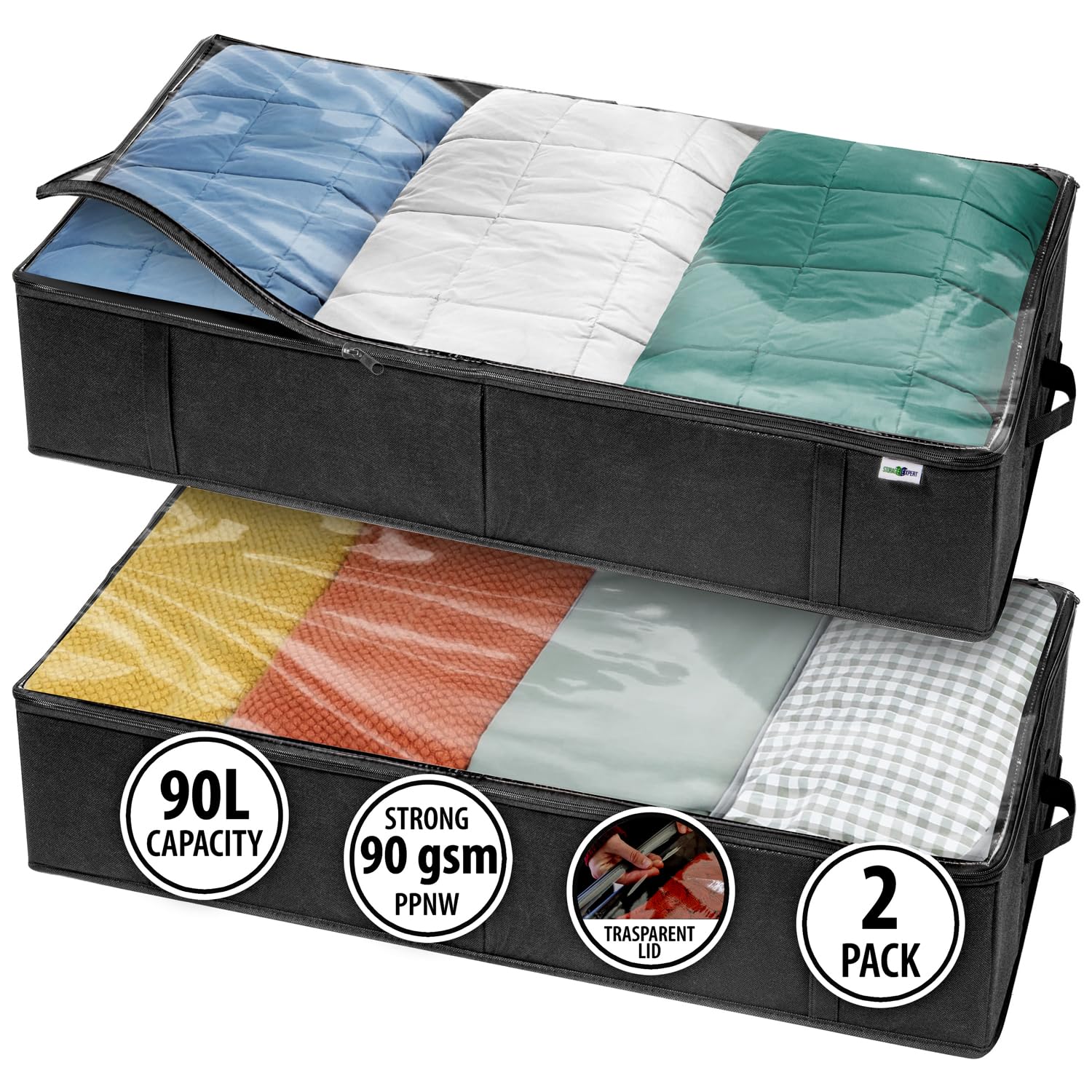 StorageExpert front view showing two black under bed storage containers, saves space