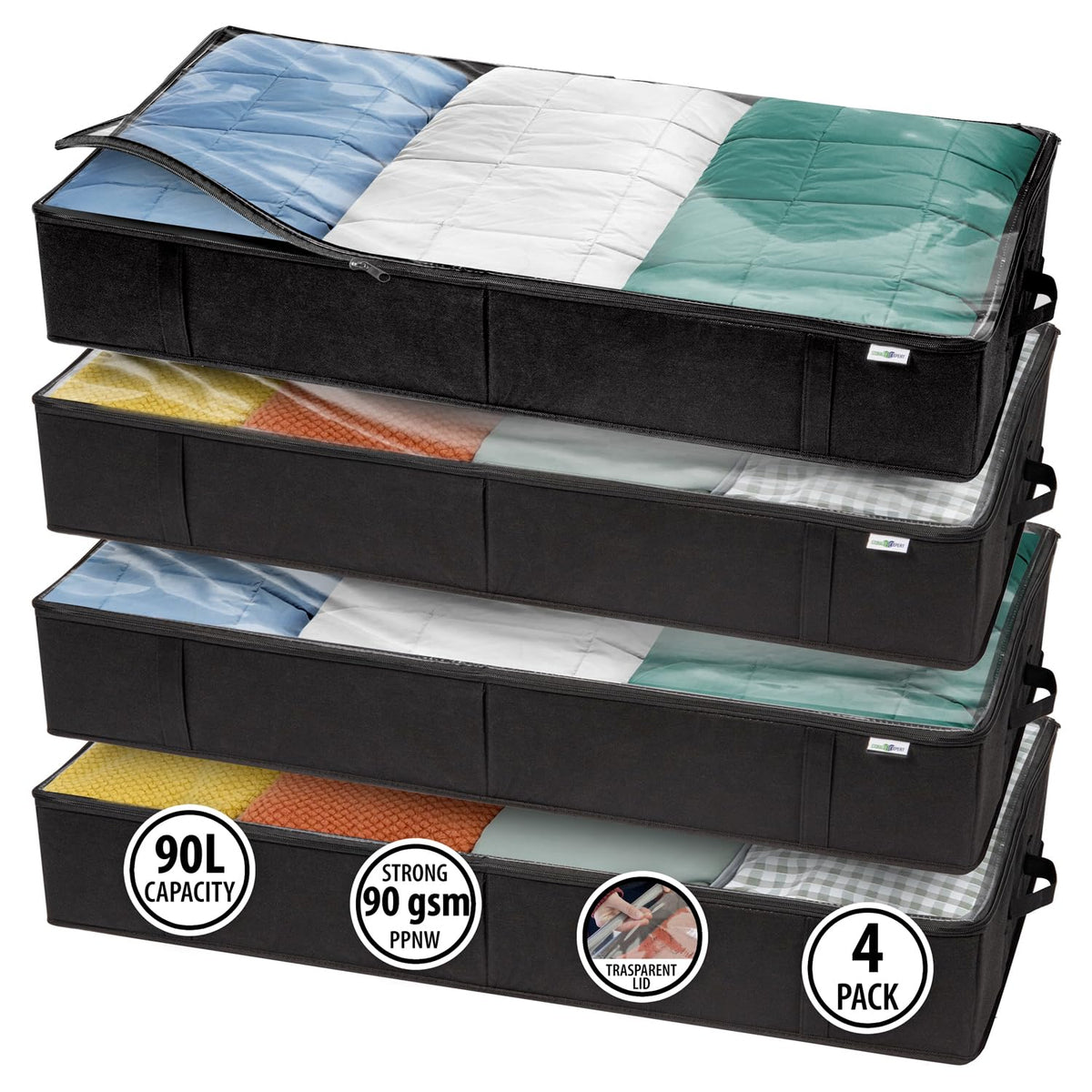 StorageExpert front view of four black under bed organizers showing space-saving benefit