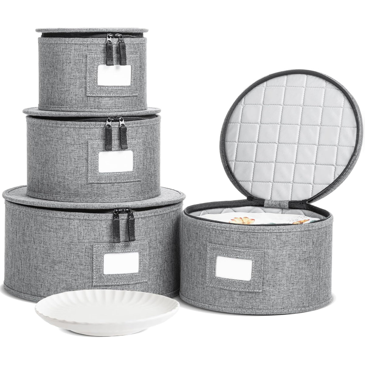 storageLAB front view of quilted gray plate cases showing stackability and neat storage