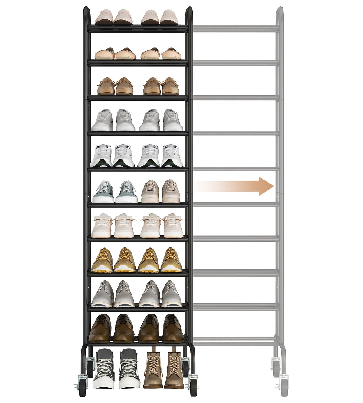 STORAGE MANIAC front view assembled shows tidy vertical shoe storage and easy access
