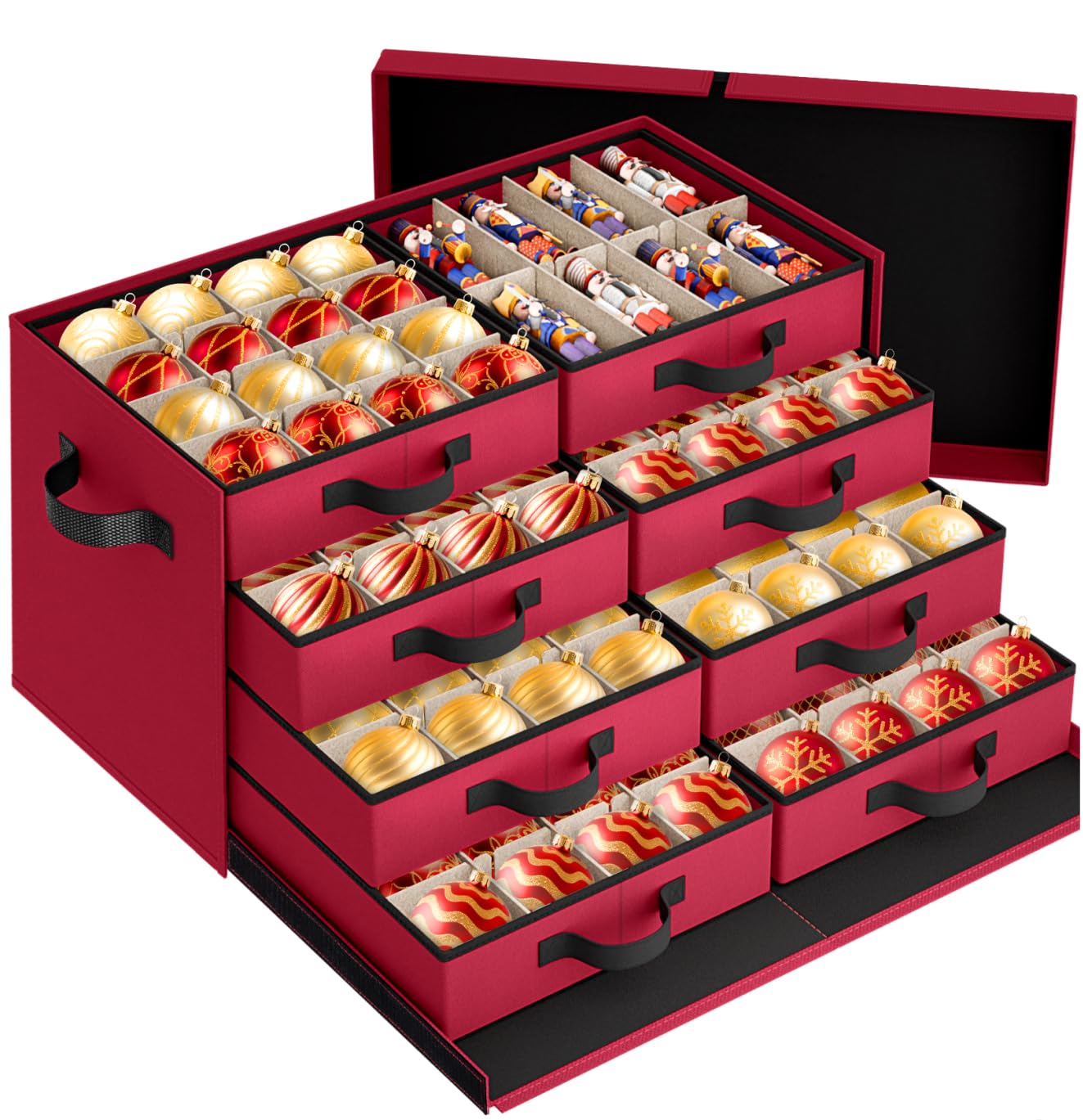 StorageRight front view red ornament box showing organized exterior and access benefits