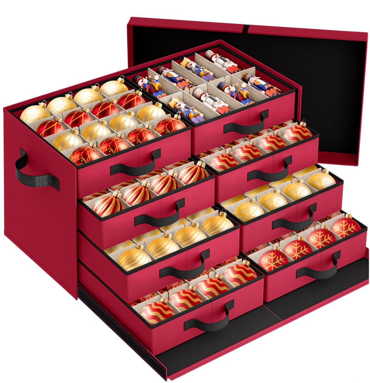 StorageRight front view red ornament box showing organized exterior and access benefits