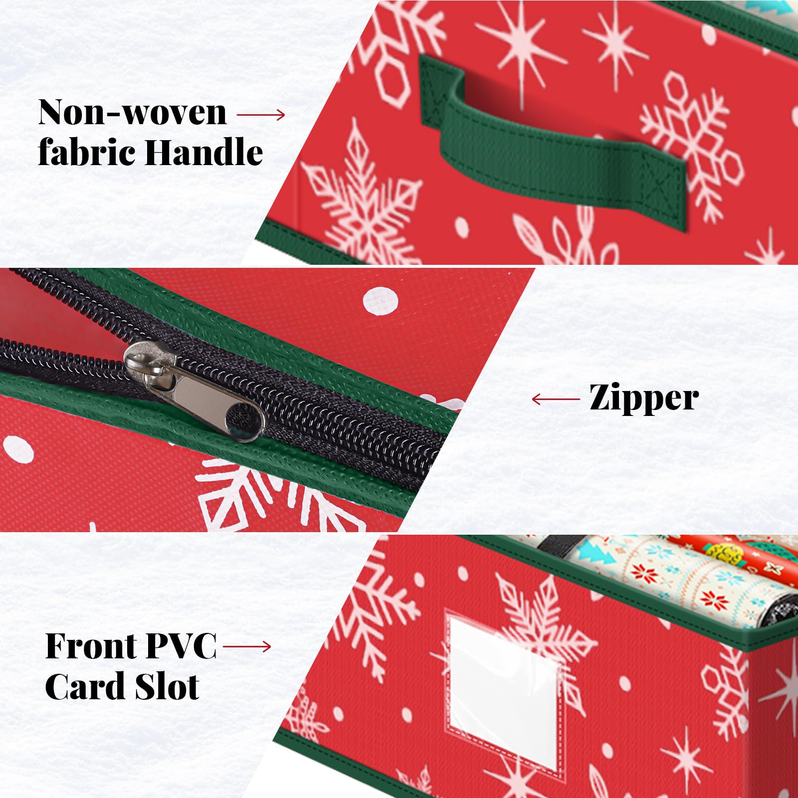 StorageRight snowflake red clear pocket close-up highlights easy visibility of ribbons and tags