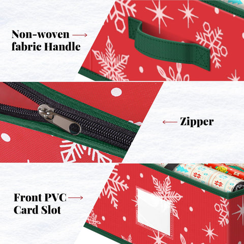 StorageRight snowflake red clear pocket close-up highlights easy visibility of ribbons and tags