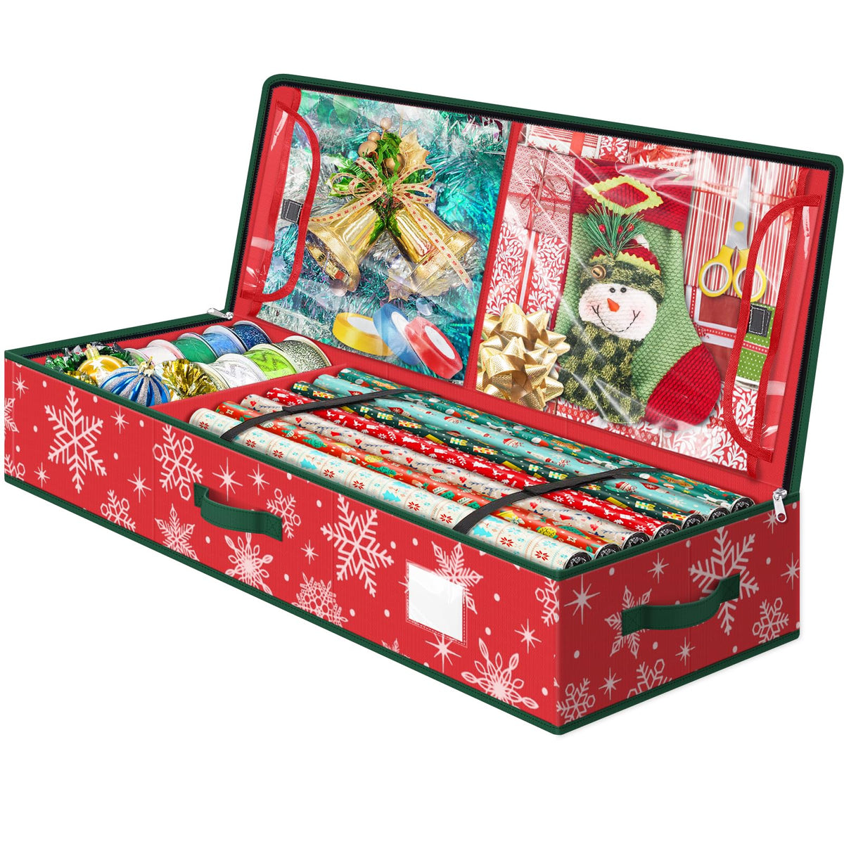 StorageRight snowflake red front view shows festive pattern and sturdy construction for organization