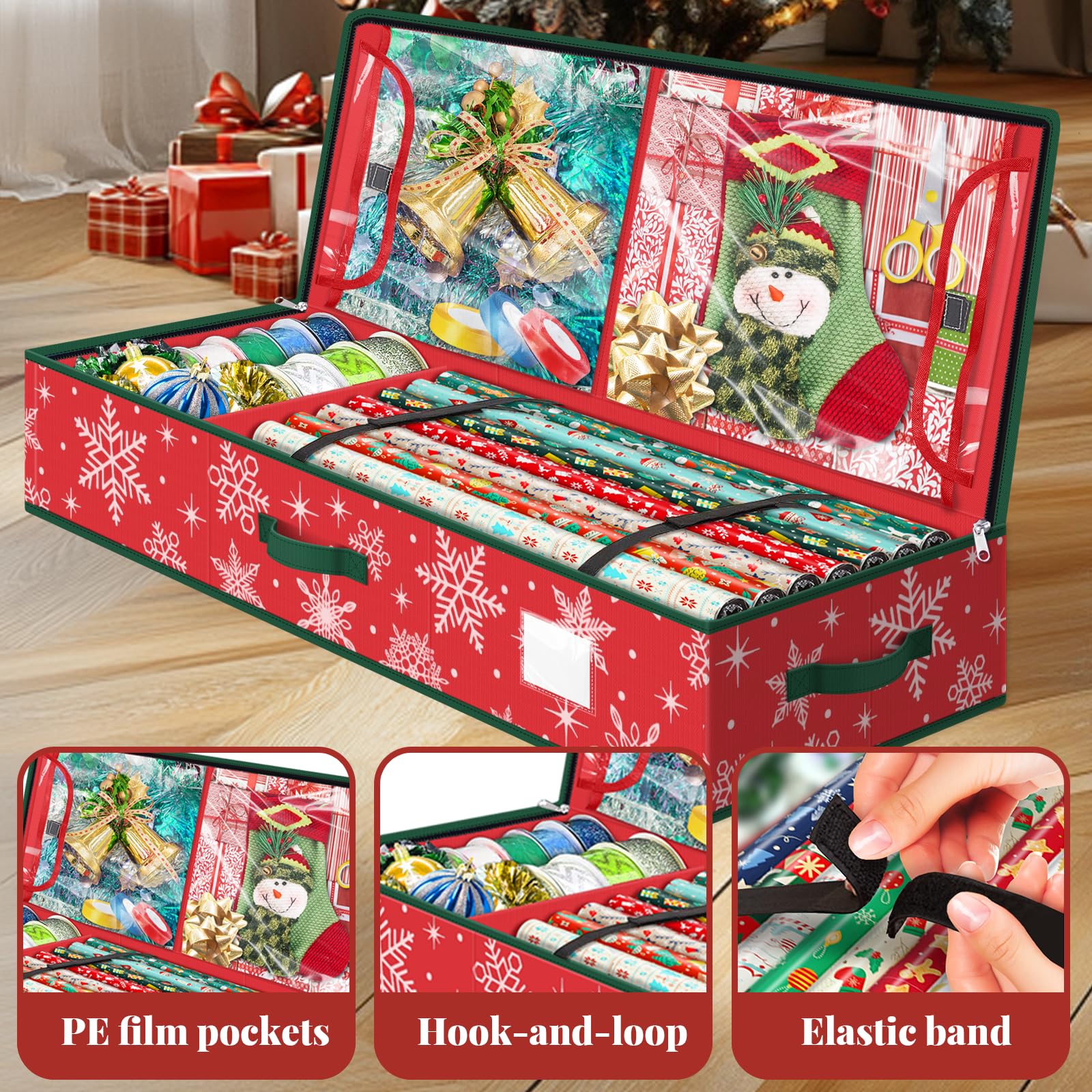 StorageRight snowflake red holding full rolls of paper to prevent creases and keep supplies tidy